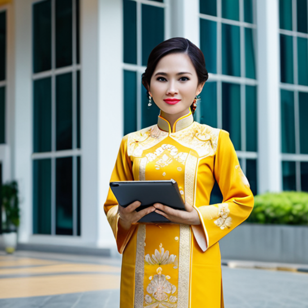 **
"A Vietnamese businesswoman in a traditional Ao Dai (fully clothed, modest attire) stands confidently in front of a modern office building in Ho Chi Minh City, holding a tablet. Natural lighting, professional setting, safe for work, appropriate content, perfect anatomy, family-friendly."
**