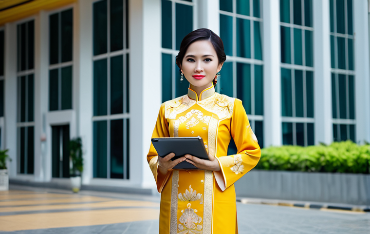 **
"A Vietnamese businesswoman in a traditional Ao Dai (fully clothed, modest attire) stands confidently in front of a modern office building in Ho Chi Minh City, holding a tablet. Natural lighting, professional setting, safe for work, appropriate content, perfect anatomy, family-friendly."
**