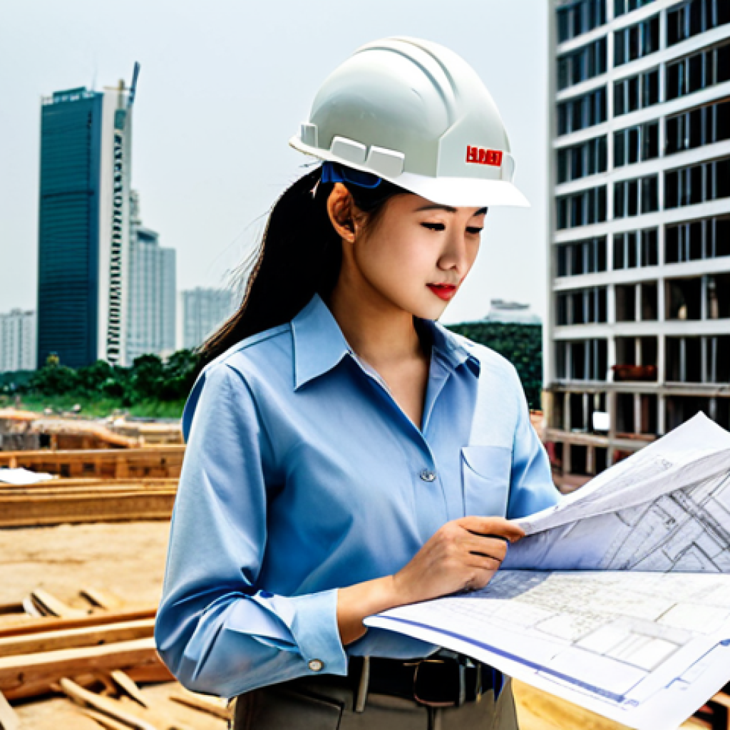 **
A professional female architect, fully clothed in a modest business casual outfit (khakis, button-down shirt), reviewing blueprints on a construction site in Ho Chi Minh City. Background includes a partially built skyscraper and construction workers in hard hats. Safe for work, appropriate content, perfect anatomy, correct proportions, natural pose, well-formed hands, proper finger count, professional.
**