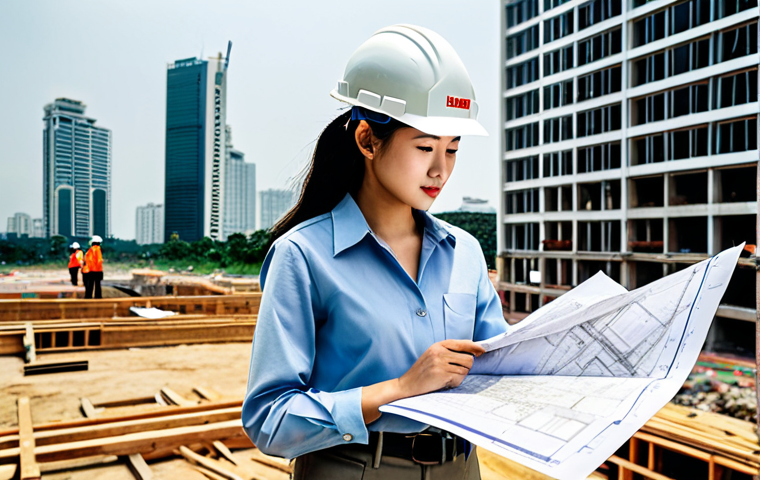 **
A professional female architect, fully clothed in a modest business casual outfit (khakis, button-down shirt), reviewing blueprints on a construction site in Ho Chi Minh City. Background includes a partially built skyscraper and construction workers in hard hats. Safe for work, appropriate content, perfect anatomy, correct proportions, natural pose, well-formed hands, proper finger count, professional.
**