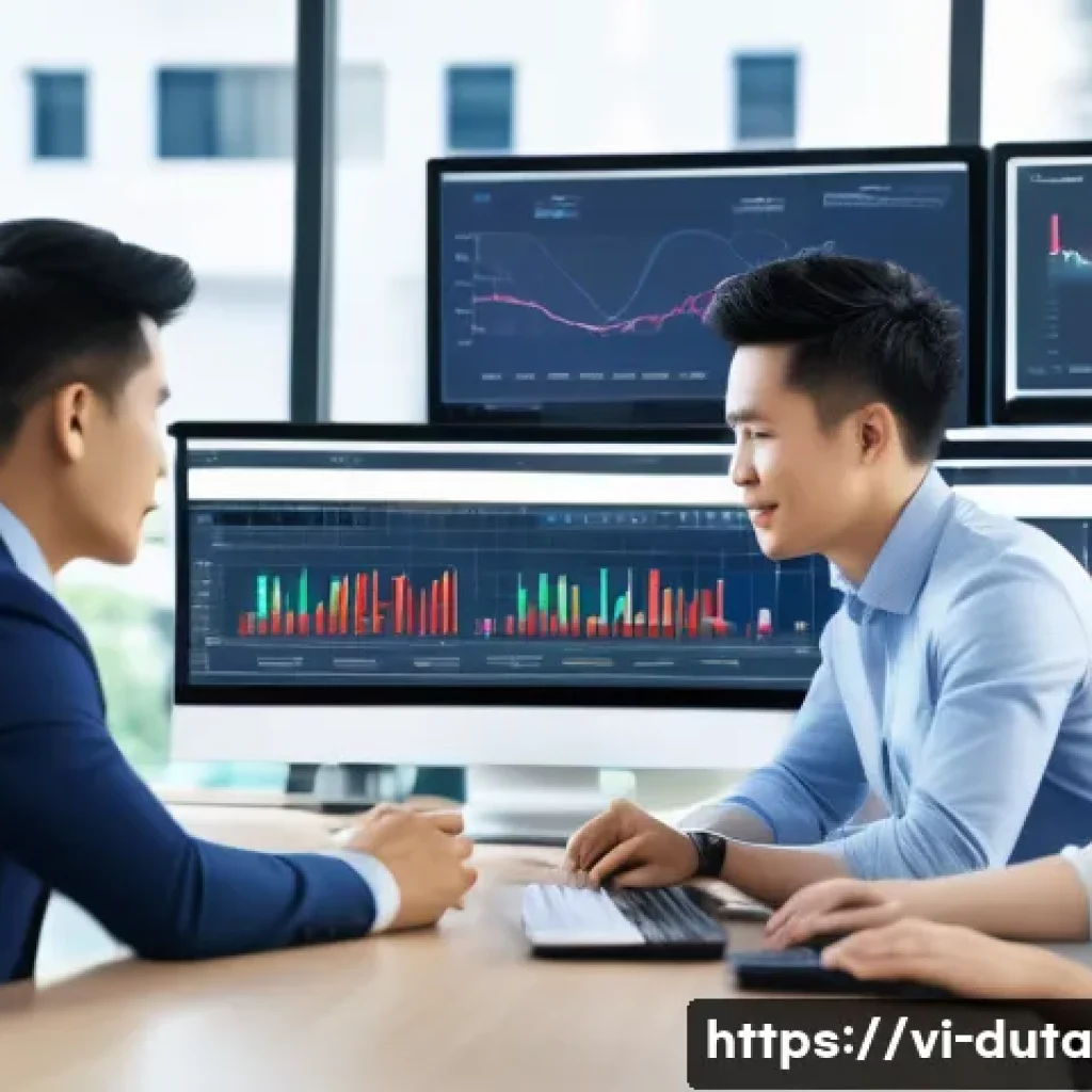 데이터 수집 후 결과 분석 및 피드백 - A modern Vietnamese office setting with diverse professionals analyzing detailed business data on la...