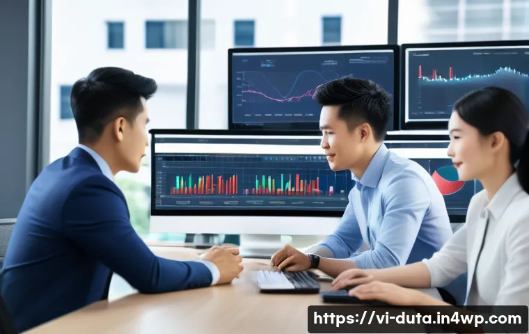 데이터 수집 후 결과 분석 및 피드백 - A modern Vietnamese office setting with diverse professionals analyzing detailed business data on la...