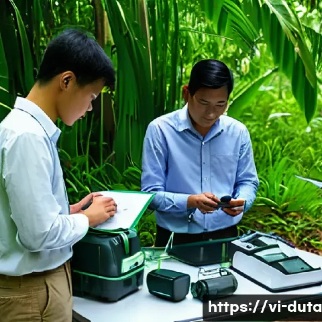 정확한 데이터 수집을 위한 체크리스트 - A detailed scene of a Vietnamese research team preparing data collection equipment outdoors in a lus...