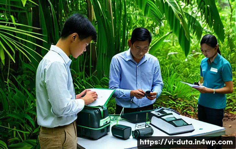 정확한 데이터 수집을 위한 체크리스트 - A detailed scene of a Vietnamese research team preparing data collection equipment outdoors in a lus...