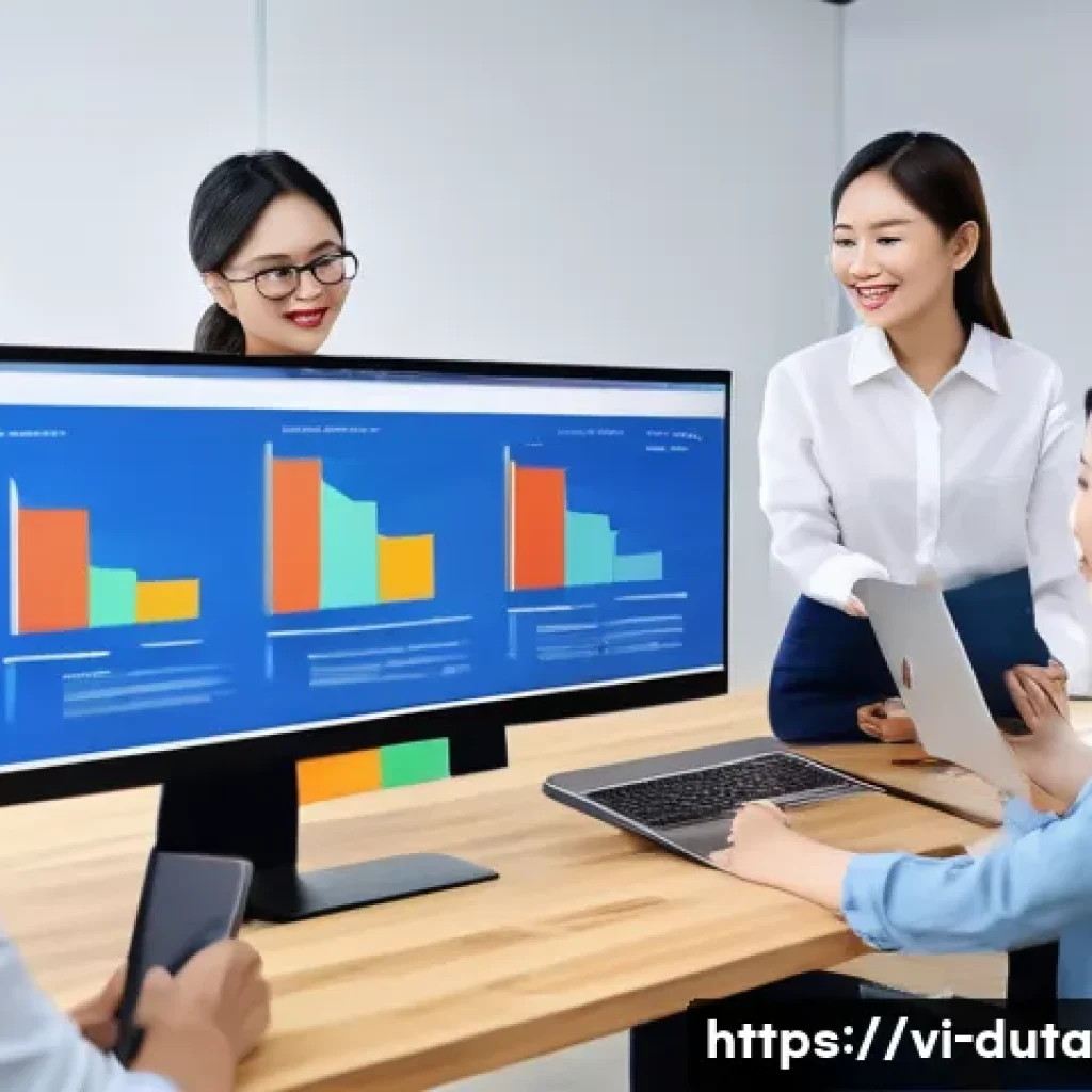 소셜 미디어에서 데이터 수집의 효과성 - A modern Vietnamese marketing team in a bright office analyzing social media data on multiple large ...