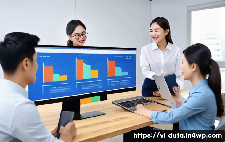 소셜 미디어에서 데이터 수집의 효과성 - A modern Vietnamese marketing team in a bright office analyzing social media data on multiple large ...