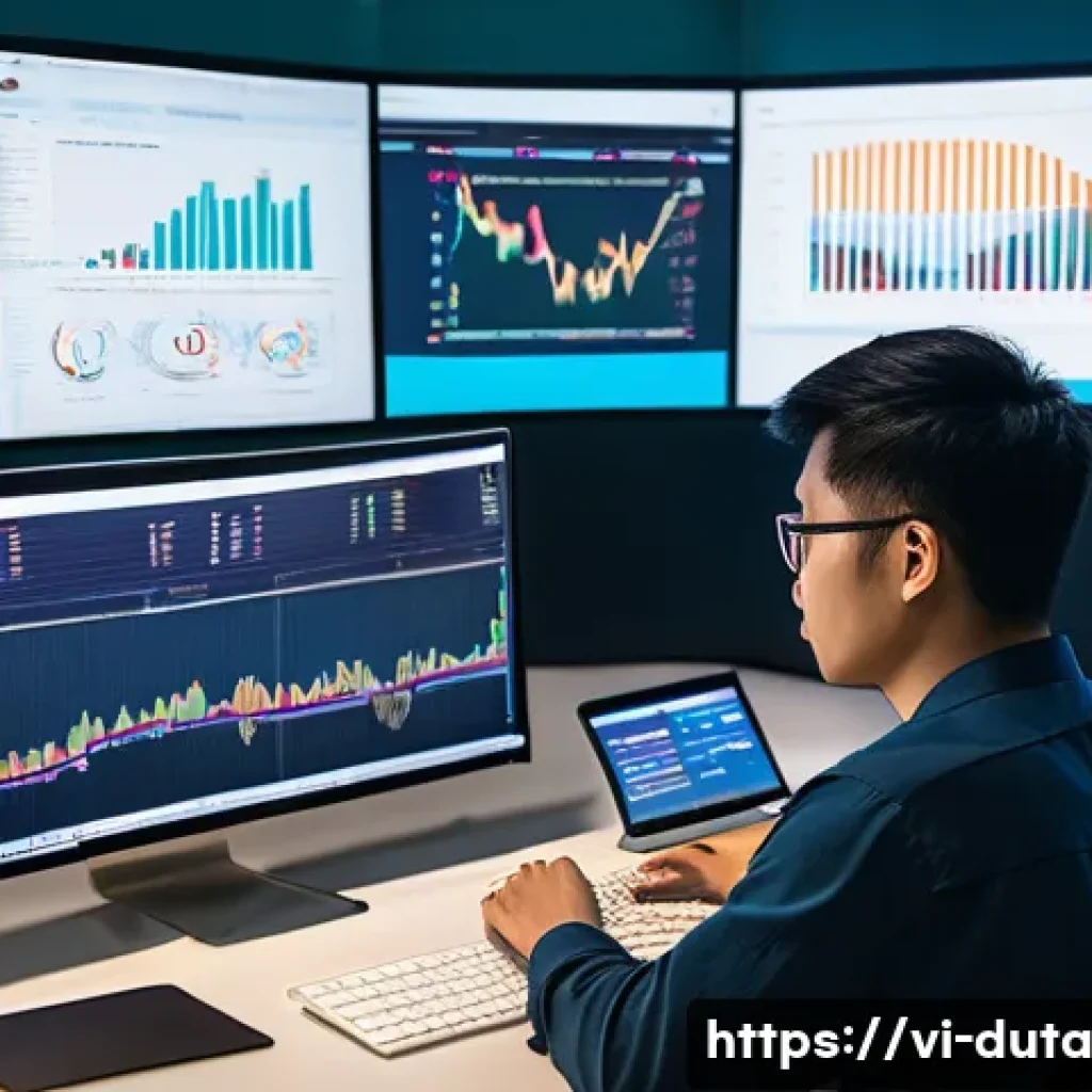 개인 프로젝트에 적합한 데이터 소스 찾기 - A detailed office scene showing a Vietnamese data analyst working on a laptop surrounded by multiple...