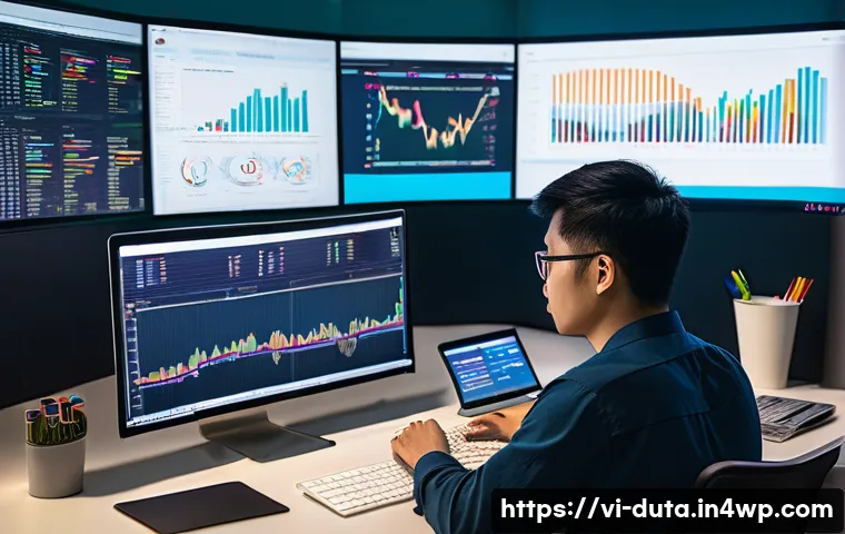 개인 프로젝트에 적합한 데이터 소스 찾기 - A detailed office scene showing a Vietnamese data analyst working on a laptop surrounded by multiple...