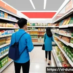 실제 데이터 수집 사례 연구 - A detailed scene of a busy Vietnamese supermarket with diverse shoppers observing and interacting wi...