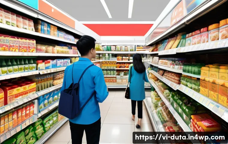실제 데이터 수집 사례 연구 - A detailed scene of a busy Vietnamese supermarket with diverse shoppers observing and interacting wi...