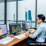 오픈 데이터 활용하여 데이터 수집하기 - A detailed digital illustration of a Vietnamese data analyst working in a modern office surrounded b...