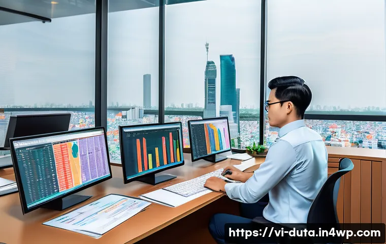 오픈 데이터 활용하여 데이터 수집하기 - A detailed digital illustration of a Vietnamese data analyst working in a modern office surrounded b...