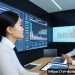 데이터 수집과 데이터 분석의 연관성 - A modern Vietnamese business office scene featuring a diverse team of professionals analyzing large ...