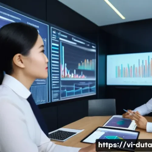 데이터 수집과 데이터 분석의 연관성 - A modern Vietnamese business office scene featuring a diverse team of professionals analyzing large ...