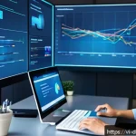 데이터 수집 플랫폼의 기능 비교 - A modern office environment with diverse professionals collaborating around a large digital dashboar...